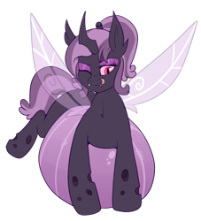 Size: 659x727 | Tagged: safe, artist:lulubell, oc, oc only, oc:gloom, changeling, belly, belly bed, fangs, fat, female, fetish, impossibly large belly, licking, licking lips, lidded eyes, on stomach, one eye closed, purple changeling, quadrupedal, simple background, solo, tongue out, transparent background, vore, vore belly