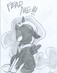 Size: 1700x2177 | Tagged: safe, artist:kerorolover16, nightmare moon, cute, fear me, filly, grayscale, monochrome, nightmare woon, screaming, sketch, solo, traditional art