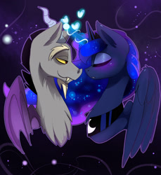 Size: 1572x1719 | Tagged: safe, artist:elementalokami, discord, princess luna, alicorn, pony, blushing, cute, discute, eyes closed, glowing horn, heart, lunacord, magic, male, shipping, smiling, straight