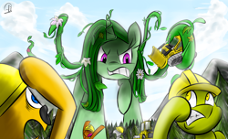 Size: 2300x1400 | Tagged: safe, artist:phuocthiencreation, oc, oc only, oc:jasmine the plant pony, plant pony, pony, unicorn, angry, bulldozer, construction pony, giantess, macro, steam roller, tree, vine