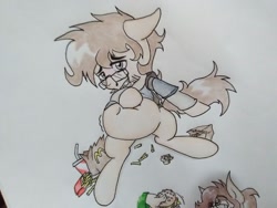 Size: 1292x969 | Tagged: safe, artist:paper view of butts, oc, oc:duck witz, earth pony, pony, blushing, burger, chubby, clothes, colored, cute, drink, fat, food, french fries, glasses, soda, traditional art