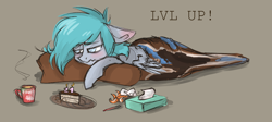 Size: 1280x572 | Tagged: safe, artist:lonerdemiurge_nail, oc, oc only, oc:nail, pegasus, pony, blanket, cake, food, prone, solo