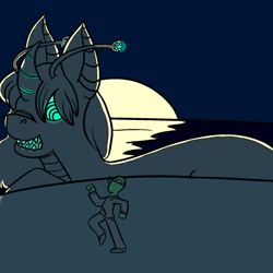 Size: 1280x1280 | Tagged: safe, artist:noginerve, oc, oc only, oc:anon, oc:orchid, human, kaiju pony, bioluminescent, dark, glowing eyes, macro, moon, night, running, swimming