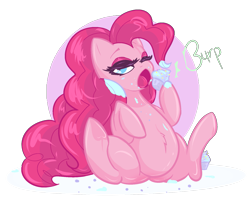 Size: 1763x1463 | Tagged: safe, artist:girlyq, pinkie pie, earth pony, pony, belly fluff, burp, chubbie pie, chubby, cupcake, fat, food, frosting, lidded eyes, messy eating, one eye closed, open mouth, pudgy pie, solo, underhoof