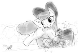 Size: 850x582 | Tagged: safe, artist:alloyrabbit, apple bloom, applejack, earth pony, pony, accessory theft, barn, chase, destruction, giant pony, hat, macro, monochrome, size difference, teasing