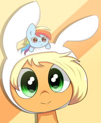 Size: 748x910 | Tagged: safe, artist:papibabidi, applejack, rainbow dash, earth pony, pegasus, pony, adventure time, bunny ears, bust, fionna, looking at you, micro, portrait, smiling, tiny ponies