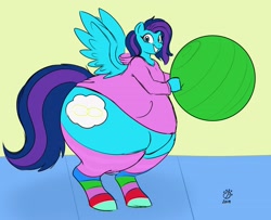 Size: 3056x2476 | Tagged: safe, artist:badgerben, artist:thewindking, oc, oc only, oc:cirrus updraft, pony, bbw, clothes, exercise ball, fat, hoodie, huge butt, impossibly large butt, impossibly wide hips, large butt, socks, solo, striped socks, thick, wide hips