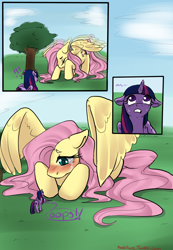 Size: 900x1300 | Tagged: safe, artist:reddpixie, fluttershy, twilight sparkle, twilight sparkle (alicorn), alicorn, pegasus, pony, comic, crying, female, giant pony, growth, macro, magic, mare, spell gone wrong