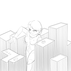 Size: 1000x1000 | Tagged: safe, artist:khorme, oc, oc only, oc:ultramare, human, building, city, giantess, humanized, humanized oc, macro, monochrome, sketch, solo, stuck