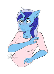 Size: 500x687 | Tagged: safe, artist:fairdahlia, minuette, anthro, breasts, clothes, crying, curved horn, female, shirt, simple background, solo, white background