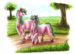 Size: 2873x2088 | Tagged: safe, artist:lupiarts, oc, oc only, earth pony, pony, unicorn, belly, belly button, chubby, fat, female, glass, glasses, mare, park, pregnant, road, sisters, traditional art, tree, walking, watch