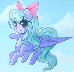 Size: 1280x1246 | Tagged: safe, artist:fluffymaiden, flitter, pegasus, pony, bow, cloud, eye clipping through hair, female, flying, hair bow, looking at you, mare, open mouth, sky, solo, spread wings, wings