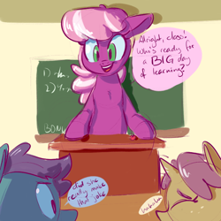 Size: 700x700 | Tagged: safe, artist:goat train, cheerilee, pony, classroom, dialogue, giant pony, macro, pun, size difference