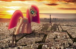 Size: 3872x2493 | Tagged: safe, artist:fandroit, pinkie pie, pony, eiffel tower, giant pony, irl, macro, paris, photo, pinkamena diane pie, plot, ponies in real life, this will end in tears and/or death