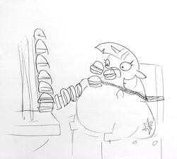 Size: 1597x1440 | Tagged: safe, artist:tjpones, twilight sparkle, pony, black and white, bondage, burger, chair, eating, fat, female, food, force feeding, grayscale, lineart, mare, monochrome, rope, rope bondage, simple background, simpsons did it, sitting, solo, the simpsons, tied up, traditional art, twilight burgkle