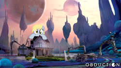 Size: 1280x723 | Tagged: safe, derpy hooves, pegasus, pony, house, looking at you, macro, obduction, smiling, solo, video game