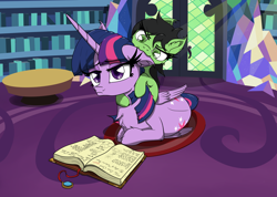 Size: 2984x2121 | Tagged: safe, artist:bigshot232, twilight sparkle, twilight sparkle (alicorn), oc, oc:anon filly, alicorn, pony, >:3, biting, both cutie marks, ear bite, female, filly, library, mare, playing, pouting, prone