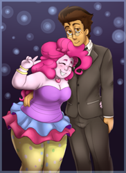 Size: 471x647 | Tagged: safe, artist:cottoncloudy, pinkie pie, oc, oc:copper plume, equestria girls, bbw, blushing, bracelet, breasts, canon x oc, chubbie pie, chubby, cleavage, clothes, commission, commissioner:imperfectxiii, copperpie, cute, diapinkes, dress, fat, female, freckles, glasses, jewelry, male, necklace, peace sign, pudgy pie, smiling, straight, tuxedo