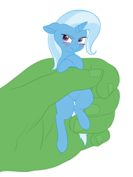 Size: 1495x1975 | Tagged: safe, artist:zippysqrl, trixie, oc, oc:anon, pony, hand, holding a pony, in goliath's palm, micro, nose wrinkle, scrunchy face, size difference, tiny ponies, tsundere, tsunderixie