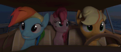 Size: 1260x540 | Tagged: dead source, safe, artist:arctic-pony, applejack, pinkie pie, rainbow dash, earth pony, pegasus, pony, 3d, animated, blender, bridge, car, cycles, driving, female, gif, grin, headbob, mare, meme, night at the roxbury, open mouth, smiling, what is love