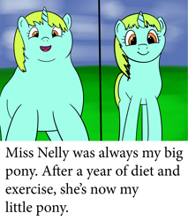 Size: 4000x4704 | Tagged: safe, whoa nelly, pony, unicorn, /mlp/, :i, cute, drawthread, fat, female, looking at you, mare, open mouth, ponified animal photo, ponified meme, smiling, solo, text, title drop, weight loss