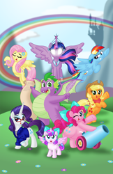 Size: 1024x1583 | Tagged: safe, artist:aleximusprime, applejack, fluttershy, pinkie pie, princess flurry heart, rainbow dash, rarity, spike, twilight sparkle, twilight sparkle (alicorn), alicorn, dragon, earth pony, pegasus, pony, unicorn, adult, adult spike, canterlot, canterlot castle, chubbie pie, chubby, chubby spike, fat, fat spike, female, filly, flower, flower in hair, glasses, mane seven, mane six, older, older spike, party cannon, pudgy pie, rainbow, winged spike, younger