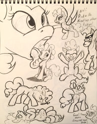 Size: 900x1148 | Tagged: safe, artist:tsitra360, pinkie pie, earth pony, pony, dialogue, imminent vore, licking, macro, monochrome, multeity, sketch dump, solo, traditional art