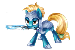 Size: 2691x1786 | Tagged: safe, artist:scarlet-spectrum, oc, oc only, oc:crescent flower, earth pony, pony, armor, mouth hold, simple background, solo, sword, transparent background, weapon