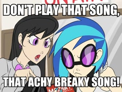 Size: 800x600 | Tagged: safe, artist:thelivingmachine02, dj pon-3, octavia melody, vinyl scratch, human, achy breaky song, humanized, image macro, meme, weird al yankovic