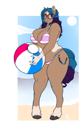 Size: 3000x4500 | Tagged: safe, artist:amaraburrger, oc, oc:sandy sketch, anthro, earth pony, hybrid, unicorn, bbw, beach, beach ball, belly, big breasts, bikini, breasts, chubby, clothes, fat, female, glasses, hooves, mare, plump, small horn, solo, swimsuit