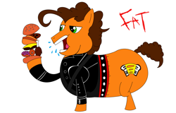 Size: 6784x4344 | Tagged: safe, artist:claytoons1994, cheese sandwich, earth pony, pony, absurd resolution, bhm, burger, donut, fat, fat (song), food, male, ponies eating meat, simple background, solo, stallion, tight clothing, voice actor joke, weird al yankovic, white background