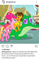 Size: 1079x1638 | Tagged: safe, derpibooru import, screencap, cheese sandwich, gummy, luster dawn, pinkie pie, earth pony, pony, unicorn, the last problem, cheesepie, cropped, female, funny, instagram, male, screenshots, shipping, straight, weird al yankovic, weird al you magnificent bastard