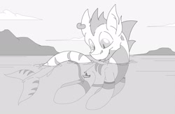 Size: 2737x1799 | Tagged: safe, artist:fandroit, oc, oc only, oc:shammy, human, original species, pony, shark pony, boat, fishing, giant pony, macro, monochrome, water