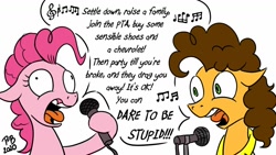 Size: 1200x675 | Tagged: safe, artist:pony-berserker, derpibooru import, cheese sandwich, pinkie pie, earth pony, pony, dare to be stupid, derp, karaoke, microphone, music notes, singing, song, song reference, voice actor joke, weird al yankovic