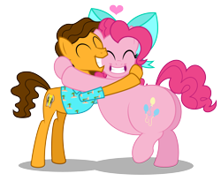 Size: 4483x3675 | Tagged: safe, artist:aleximusprime, derpibooru import, cheese sandwich, pinkie pie, earth pony, pony, flurry heart's story, bow, canon ship, cheesepie, chubbie pie, chubby, clothes, couple, cute, dating, different hairstyle, eyes closed, fat, female, hawaiian shirt, hug, in love, male, older, plump, pudgy pie, shipping, shirt, simple background, smiling, straight, transparent background, weird al yankovic