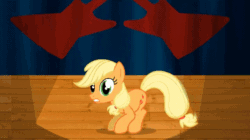 Size: 640x358 | Tagged: safe, artist:viva reverie, derpibooru import, applejack, earth pony, pony, animated, bouncing, dancing, hatless, immatoonlink, looking at you, missing accessory, silly, silly pony, singing, solo, stage, talking, weird al yankovic, who's a silly pony