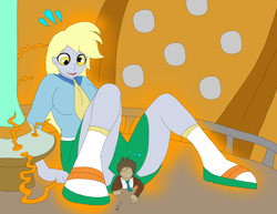 Size: 1700x1310 | Tagged: safe, artist:final7darkness, derpy hooves, doctor whooves, equestria girls, clothes, giantess, growth, macro, open mouth, request, requested art, sitting on person, size difference, tardis