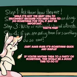 Size: 750x750 | Tagged: safe, artist:cosmalumi, oc, oc only, oc:marathon, ask-marathon, chalk, chalkboard, dialogue, eyes closed, lecture, magic, open mouth, raised hoof, simple background, smiling, solo, teal background, telekinesis