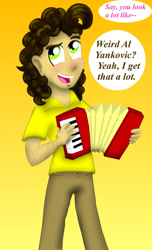 Size: 491x810 | Tagged: safe, artist:crazynutbob, cheese sandwich, human, accordion, eyeroll, humanized, musical instrument, smiling, weird al yankovic