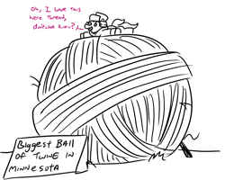 Size: 1280x1024 | Tagged: safe, artist:jargon scott, march gustysnows, ball, biggest ball of twine in minnesota, dialogue, minnesota, monochrome, solo, string, thread, weird al yankovic, whinnyapolis, world's biggest ball of twine, yarn ball