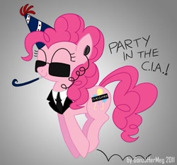 Size: 815x763 | Tagged: safe, artist:gonzahermeg, derpibooru import, pinkie pie, earth pony, pony, censored cutie mark, cia, classified, clothes, earbuds, eyes closed, hat, party hat, party horn, party in the cia, pronking, smiling, solo, suit, sunglasses, weird al yankovic