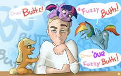 Size: 2850x1800 | Tagged: safe, artist:captainpudgemuffin, applejack, rainbow dash, twilight sparkle, twilight sparkle (alicorn), alicorn, human, pony, artist, butts, cute, dialogue, eyes closed, female, frown, hopping, looking at you, mare, micro, open mouth, pony hat, pouting, raised eyebrow, sitting, smiling, tulpa, unamused