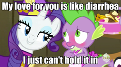 Size: 631x351 | Tagged: safe, derpibooru import, edit, edited screencap, screencap, rarity, spike, dragon, pony, unicorn, dragon quest, apron, blushing, caption, clothes, female, hub logo, image macro, implied diarrhea, male, mare, meme, naked apron, rarity's bad pickup lines, shipping, sparity, squick, straight, weird al yankovic