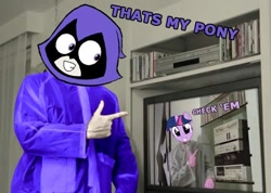 Size: 487x346 | Tagged: safe, twilight sparkle, american psycho, check em, christian bale, get, huey lewis and the news, image macro, meme, palindrome get, parody of a parody, patrick bateman, raven (teen titans), repdigit milestone, teen titans go, that's my pony, that's my x, voice actor joke, weird al yankovic