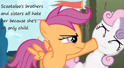 Size: 854x470 | Tagged: safe, edit, edited screencap, screencap, scootaloo, sweetie belle, the return of harmony, insane pony thread, logic bomb, paradox, song reference, text, wat, weird al yankovic