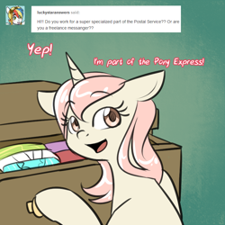 Size: 750x750 | Tagged: safe, artist:cosmalumi, oc, oc only, oc:marathon, unicorn, ask-marathon, clothes, dialogue, drawer, dresser, floppy ears, green background, looking at you, open mouth, simple background, smiling, solo