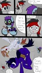 Size: 900x1575 | Tagged: safe, artist:teb, oc, oc only, pegasus, pony, unicorn, bondage, comic, dialogue, drool, imminent vore, micro, throwing