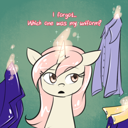 Size: 750x750 | Tagged: safe, artist:cosmalumi, oc, oc only, oc:marathon, unicorn, ask-marathon, clothes, cyoa, dialogue, floppy ears, green background, levitation, magic, open mouth, simple background, solo, telekinesis