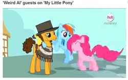 Size: 914x569 | Tagged: safe, derpibooru import, screencap, cheese sandwich, pinkie pie, rainbow dash, earth pony, pegasus, pony, pinkie pride, rubber chicken, the man with no name, weird al yankovic