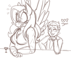 Size: 700x700 | Tagged: safe, artist:goat train, fluttershy, anthro, human, blushing, embarrassed, flirting, giant anthro, heart, macro, martini, monochrome, pictogram, simple background, sketch, wingboner